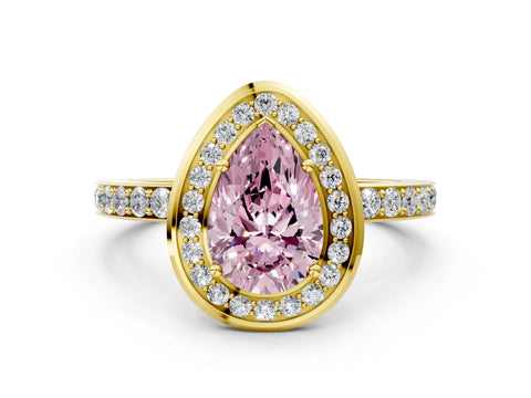 Yellow gold Fancy Pink Pear Cut Diamond Halo Ring with Bezel Frame and Pavé Band