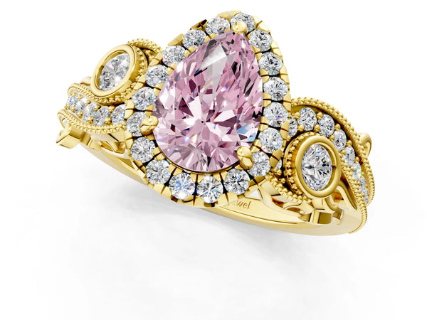 Yellow gold Fancy Pink Pear Cut Diamond Halo Ring with Milgrain Pavé Band and Four-Prong Setting