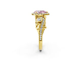 Yellow gold Fancy Pink Pear Cut Diamond Halo Ring with Milgrain Pavé Band and Four-Prong Setting_56