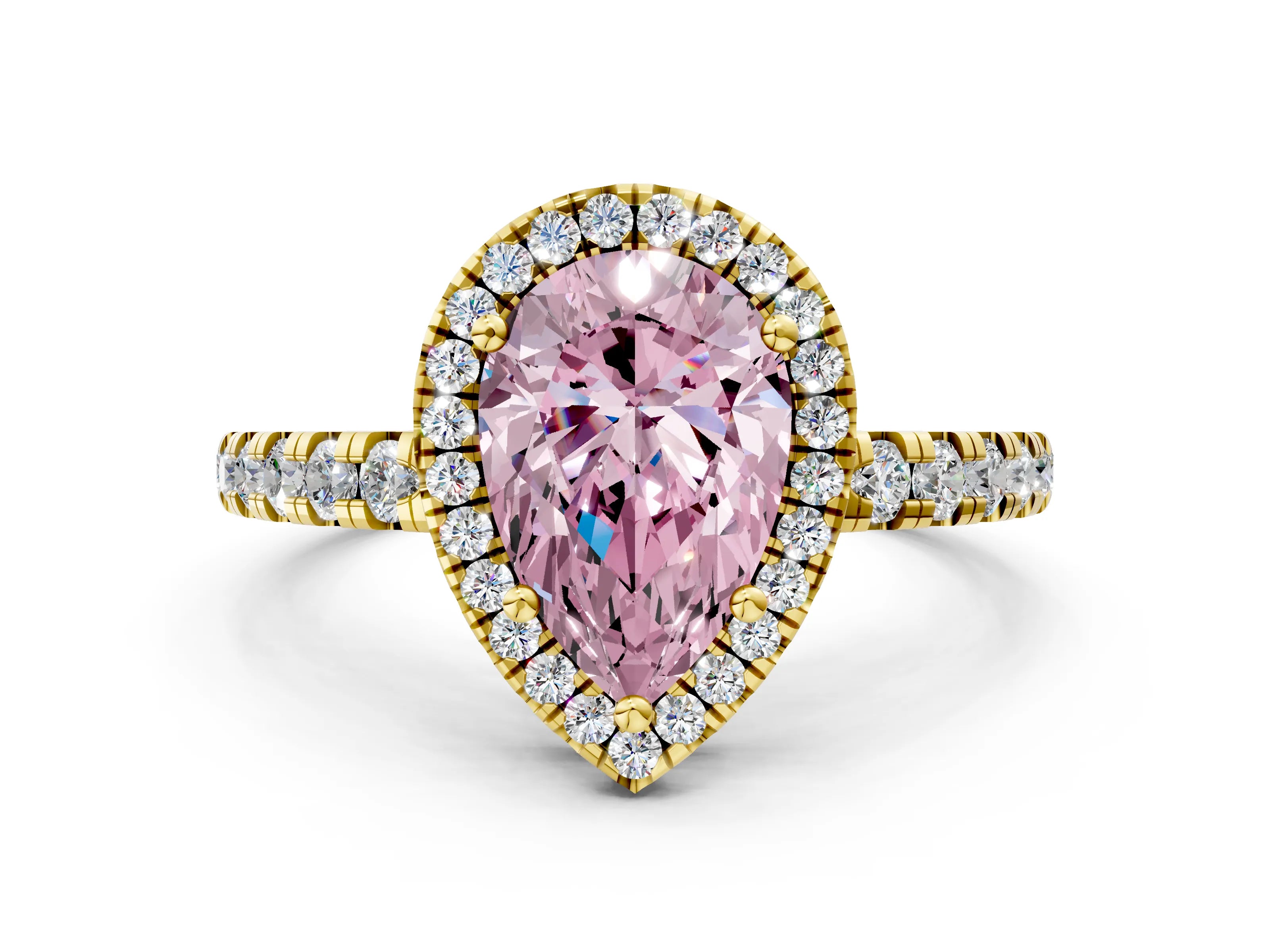 Yellow gold Fancy Pink Pear Cut Diamond Halo Ring with Pavé Band and Four-Prong Setting