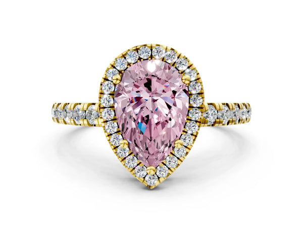 Yellow gold Fancy Pink Pear Cut Diamond Halo Ring with Pavé Band and Four-Prong Setting