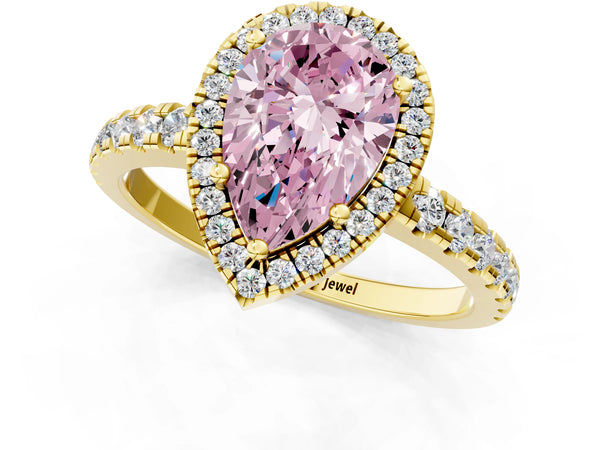 Yellow gold Fancy Pink Pear Cut Diamond Halo Ring with Pavé Band and Four-Prong Setting