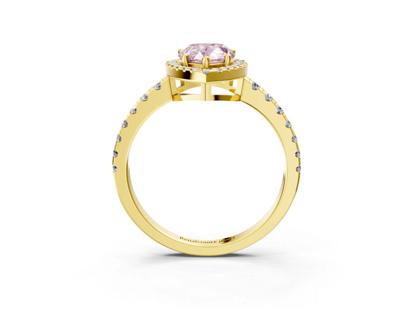 Yellow gold Fancy Pink Pear Cut Diamond Halo Ring with Pavé Band and Four-Prong Setting