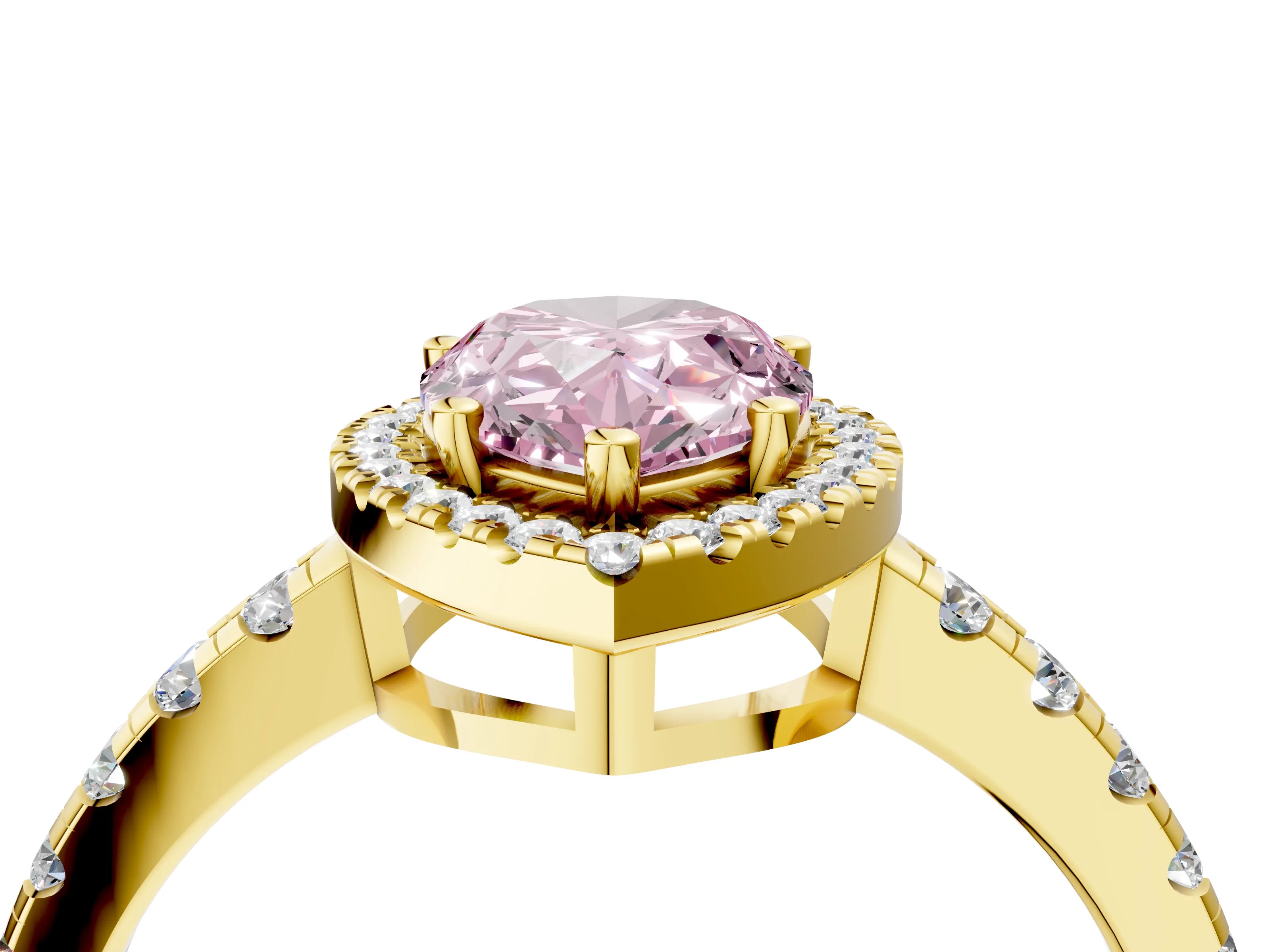 Yellow gold Fancy Pink Pear Cut Diamond Halo Ring with Pavé Band and Four-Prong Setting_4