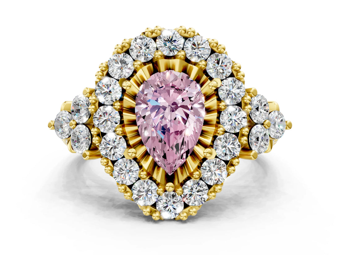 Yellow gold Fancy Pink Pear Cut Diamond Halo Ring with Pavé Band and Four-Prong Setting_49