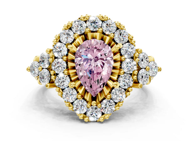 Yellow gold Fancy Pink Pear Cut Diamond Halo Ring with Pavé Band and Four-Prong Setting