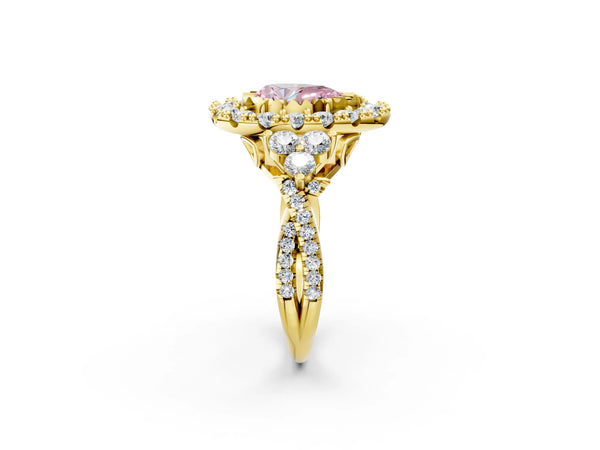 Yellow gold Fancy Pink Pear Cut Diamond Halo Ring with Pavé Band and Four-Prong Setting