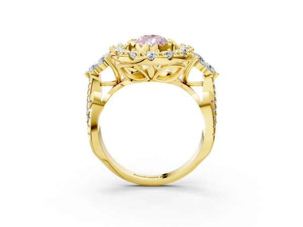 Yellow gold Fancy Pink Pear Cut Diamond Halo Ring with Pavé Band and Four-Prong Setting