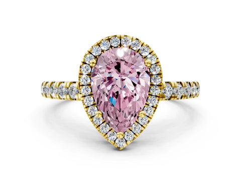 Yellow gold Fancy Pink Pear Cut Diamond Halo Ring with Pavé Band and Four-Prong Setting