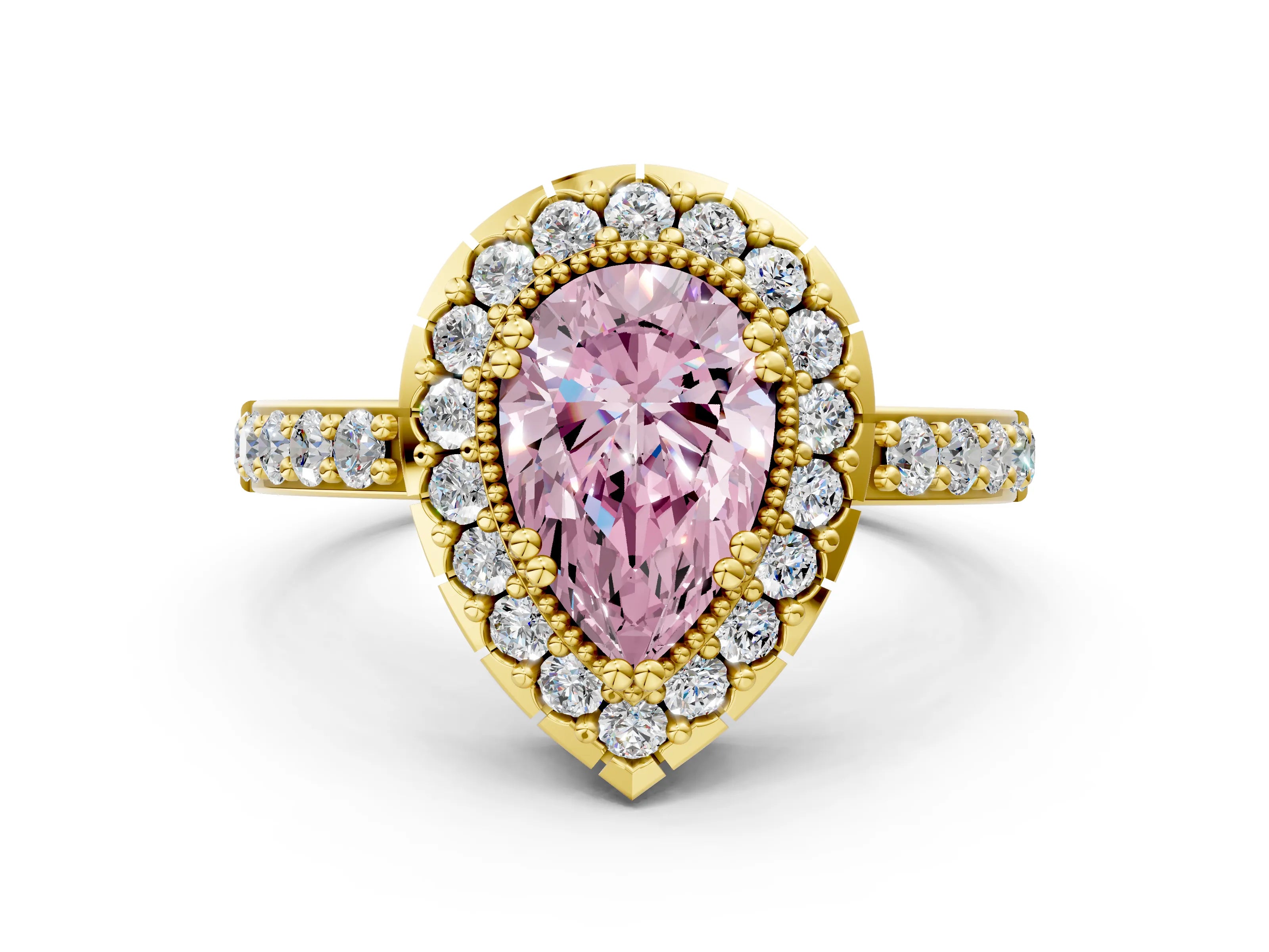 Yellow gold Fancy Pink Pear Cut Diamond Halo Ring with Pavé Band and Prong Setting