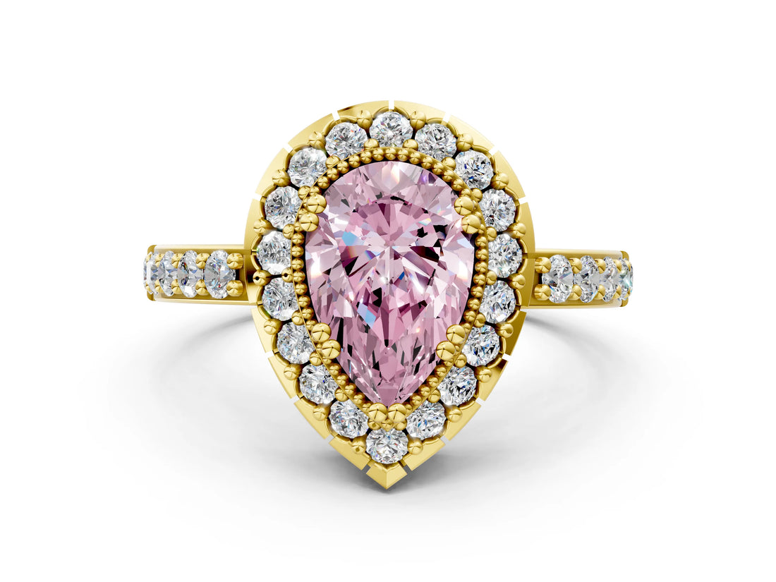 Yellow gold Fancy Pink Pear Cut Diamond Halo Ring with Pavé Band and Prong Setting