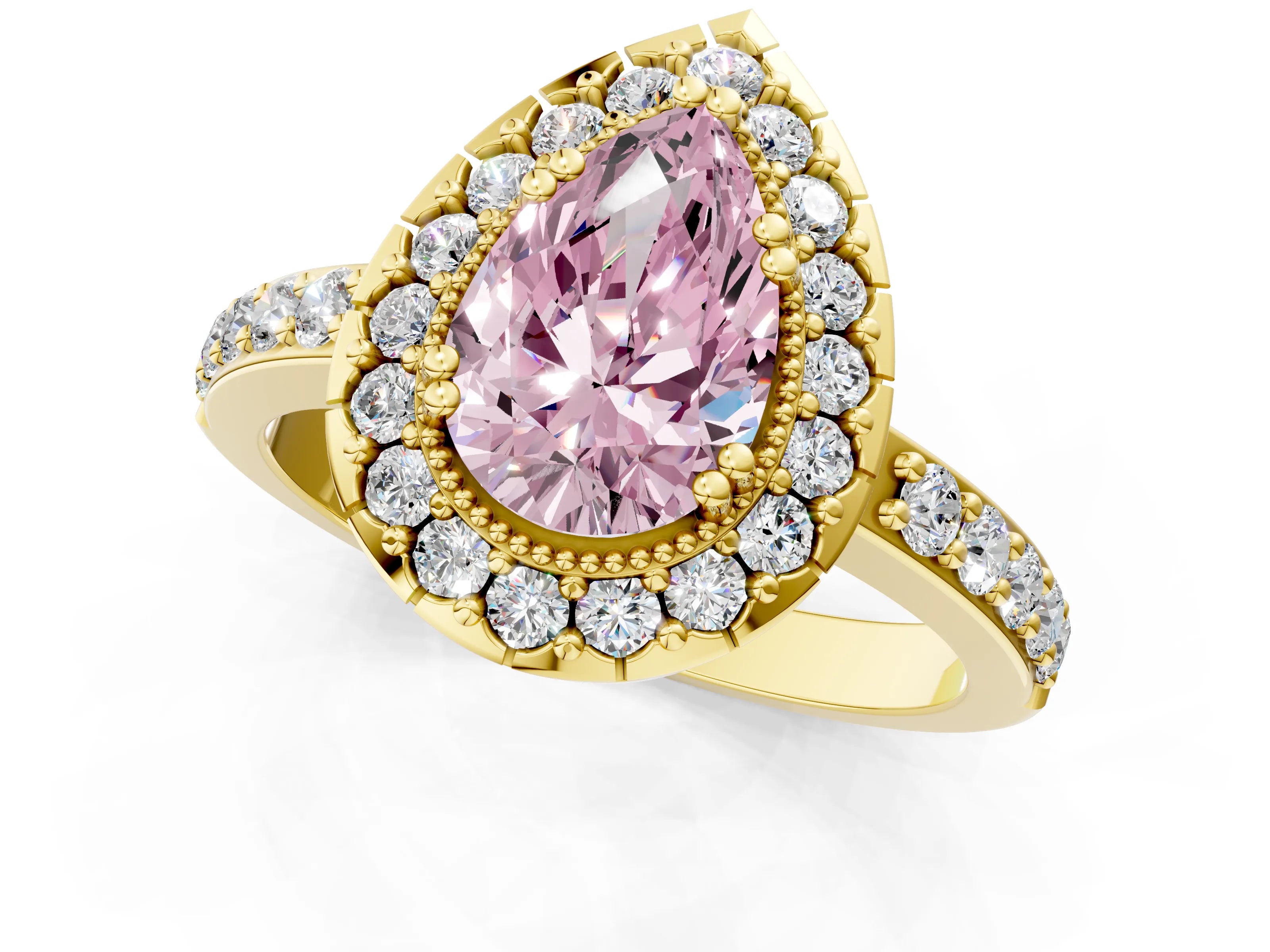 Yellow gold Fancy Pink Pear Cut Diamond Halo Ring with Pavé Band and Prong Setting_1