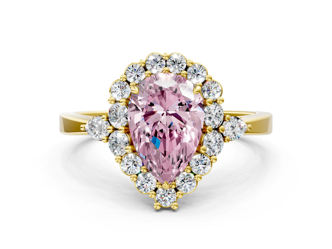 Yellow gold Fancy Pink Pear Cut Diamond Halo Ring with Pear Side Stones and Prong Setting_63