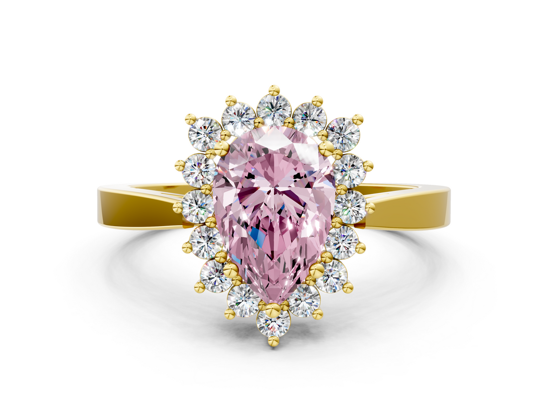 Yellow gold Fancy Pink Pear  Cut Diamond Halo Ring with Round Brilliant Halo and Solitaire Band_85