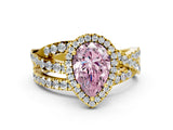 Yellow gold Fancy Pink Pear Cut Diamond Halo Ring with Round Split Shank and Prong Setting_36