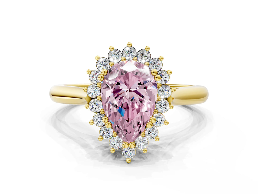 Yellow gold Fancy Pink Pear  Cut Diamond Halo Ring with Solitaire Band and Prong Setting_53