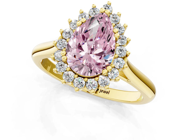 Yellow gold Fancy Pink Pear  Cut Diamond Halo Ring with Solitaire Band and Prong Setting