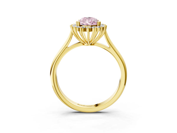 Yellow gold Fancy Pink Pear  Cut Diamond Halo Ring with Solitaire Band and Prong Setting