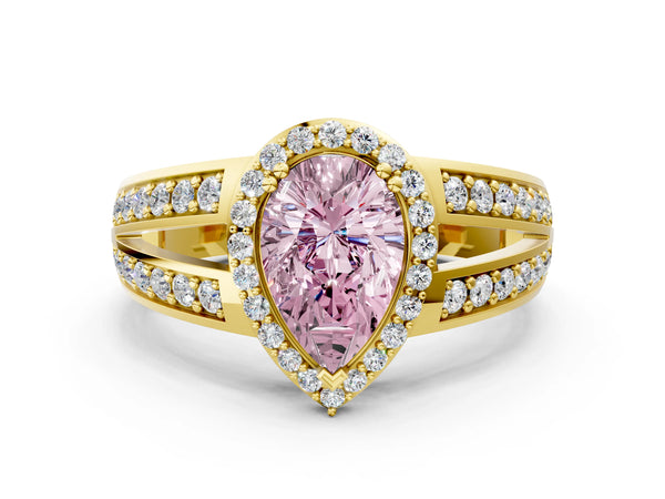 Yellow gold Fancy Pink Pear Cut Diamond Halo Ring with Split Shank Pavé Band and Four-Prong Setting