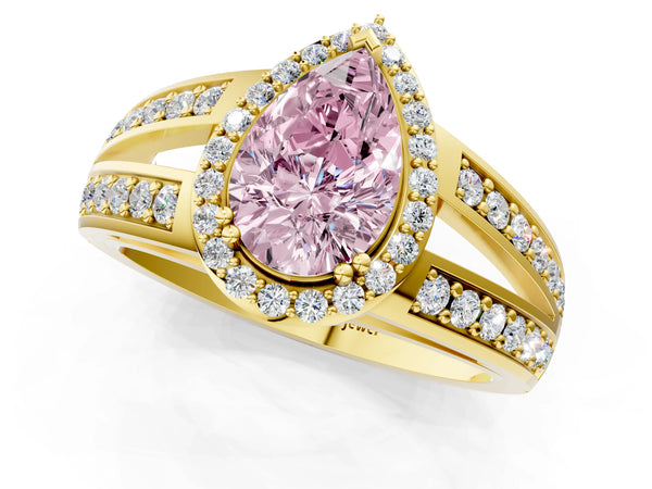 Yellow gold Fancy Pink Pear Cut Diamond Halo Ring with Split Shank Pavé Band and Four-Prong Setting