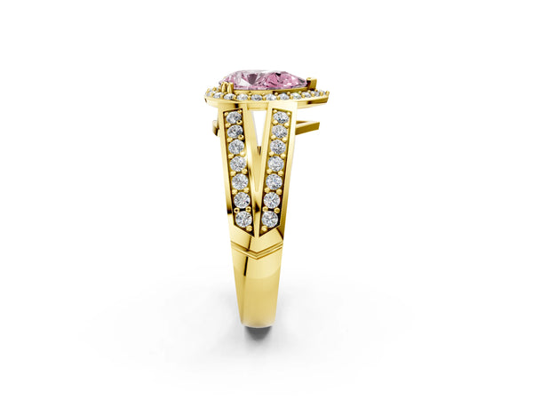 Yellow gold Fancy Pink Pear Cut Diamond Halo Ring with Split Shank Pavé Band and Four-Prong Setting