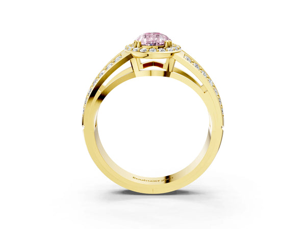 Yellow gold Fancy Pink Pear Cut Diamond Halo Ring with Split Shank Pavé Band and Four-Prong Setting