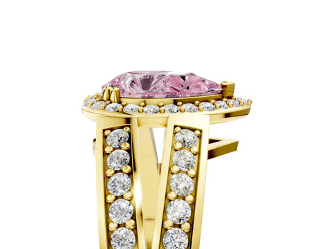 Yellow gold Fancy Pink Pear Cut Diamond Halo Ring with Split Shank Pavé Band and Four-Prong Setting_5