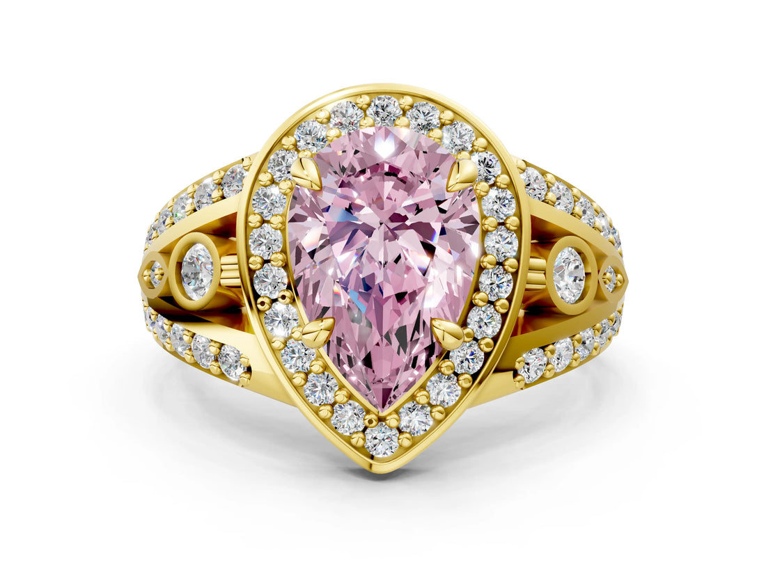 Yellow gold Fancy Pink Pear Cut Diamond Halo Ring with Split Shank and Bezel Accents and Four-Prong Setting