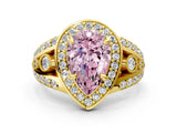 Yellow gold Fancy Pink Pear Cut Diamond Halo Ring with Split Shank and Bezel Accents and Four-Prong Setting