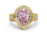 Yellow gold Fancy Pink Pear Cut Diamond Halo Ring with Split Shank and Bezel Accents and Prong Setting