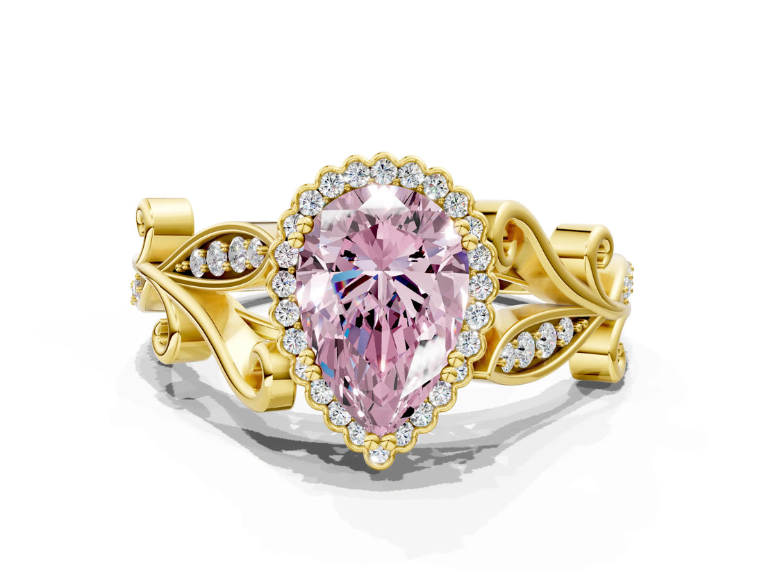 Yellow gold Fancy Pink Pear Cut Diamond Halo Ring with Vintage Split Shank and Four-Prong Setting_37