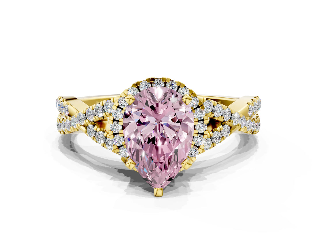 Yellow gold Fancy Pink Pear Cut Diamond  Halo Twist Band Solitaire Prong Setting Ring_36