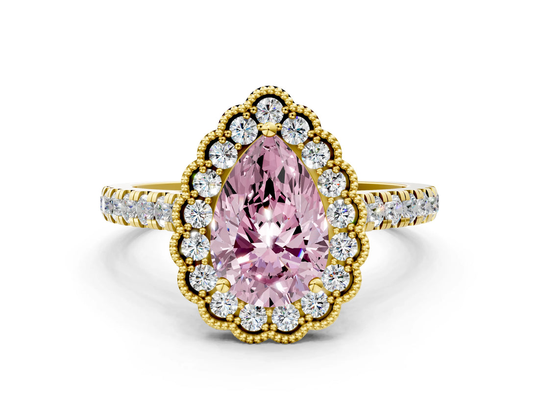 Yellow gold Fancy Pink Pear  Cut Diamond Milgrain Floral Halo Engagement Ring with Pavé Band_15