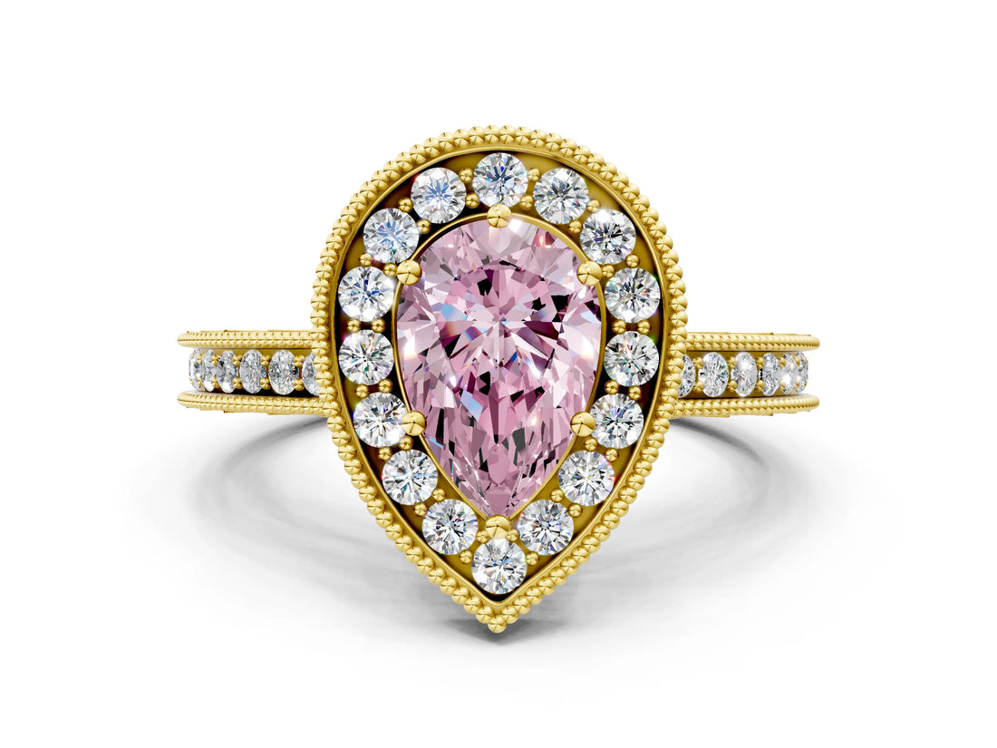 Yellow gold Fancy Pink Pear Cut Diamond Milgrain Halo Engagement Ring with Round Pavé Band and Prong Setting_12