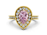 Yellow gold Fancy Pink Pear Cut Diamond Milgrain Halo Engagement Ring with Round Pavé Band and Prong Setting_12