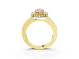 Yellow gold Fancy Pink Pear Cut Diamond Milgrain Halo Engagement Ring with Round Pavé Band and Prong Setting_15