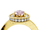 Yellow gold Fancy Pink Pear Cut Diamond Milgrain Halo Engagement Ring with Round Pavé Band and Prong Setting_16