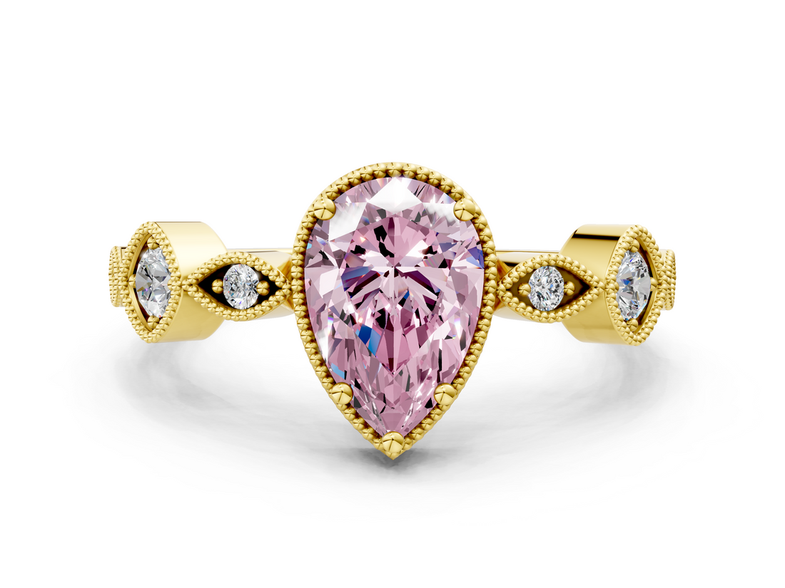Yellow gold Fancy Pink Pear  Cut Diamond Milgrain Marquise Band with Prong Setting_3