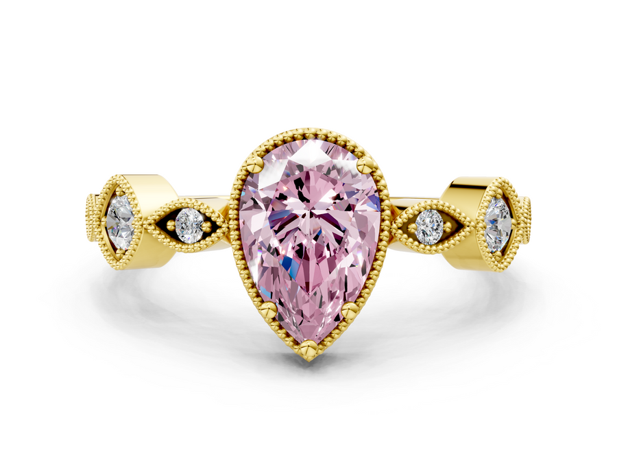 Yellow gold Fancy Pink Pear  Cut Diamond Milgrain Marquise Band with Prong Setting