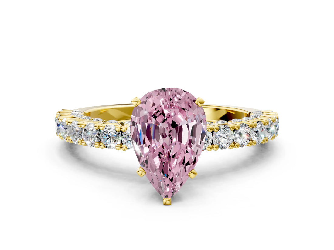 Yellow gold Fancy Pink Pear Cut Diamond Pavé Band Solitaire Ring with Prong Setting_98