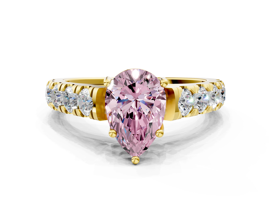 Yellow gold Fancy Pink Pear  Cut Diamond Pavé Band Solitaire with Four-Prong Setting_3