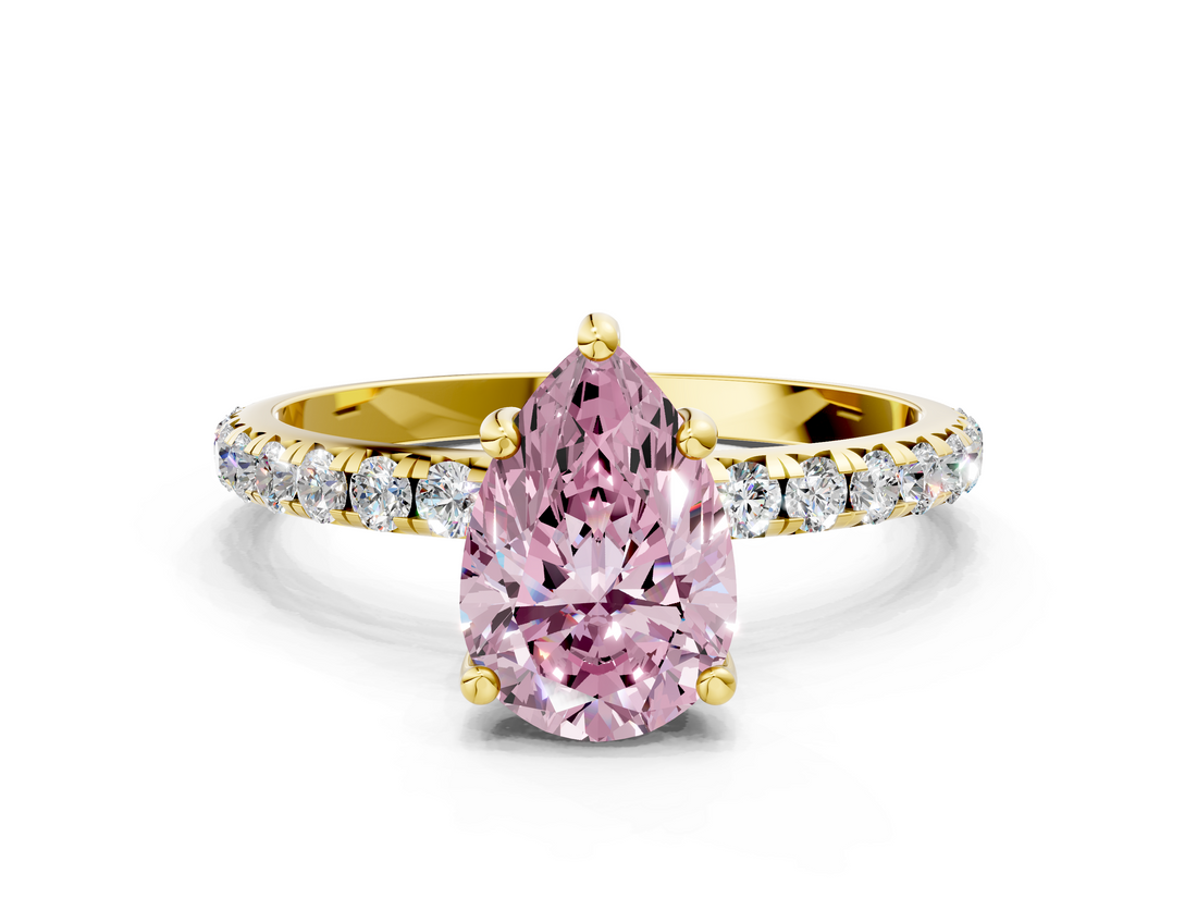 Yellow gold Fancy Pink Pear  Cut Diamond Pavé Band Solitaire with Four-Prong Setting_3