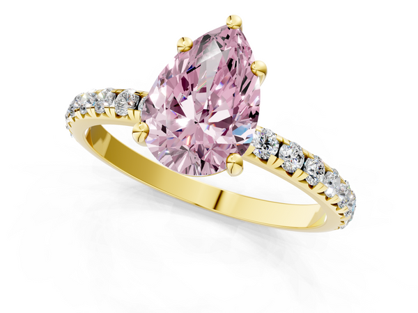 Yellow gold Fancy Pink Pear  Cut Diamond Solitaire Ring with Micro Pave Band and Four Prong Setting