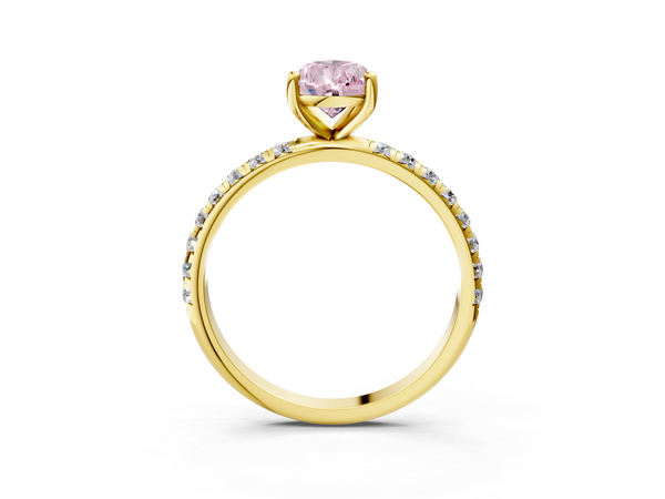 Yellow gold Fancy Pink Pear  Cut Diamond Solitaire Ring with Micro Pave Band and Four Prong Setting