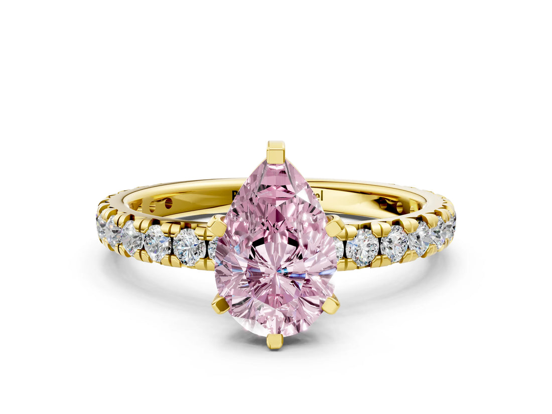 Yellow gold Fancy Pink Pear Cut Diamond Pavé Solitaire Ring with Round Band and Prong Setting_12