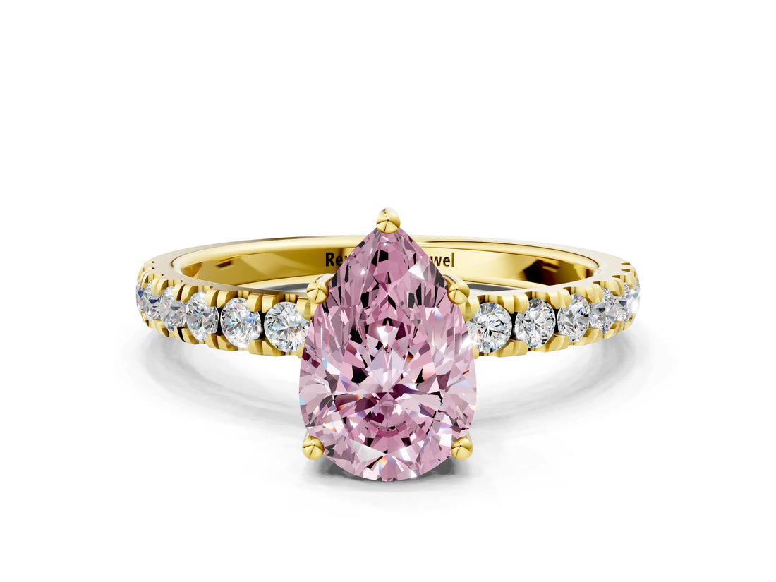 Yellow gold Fancy Pink Pear Cut Diamond Pave Band Solitaire Ring with Four-Prong Setting_58