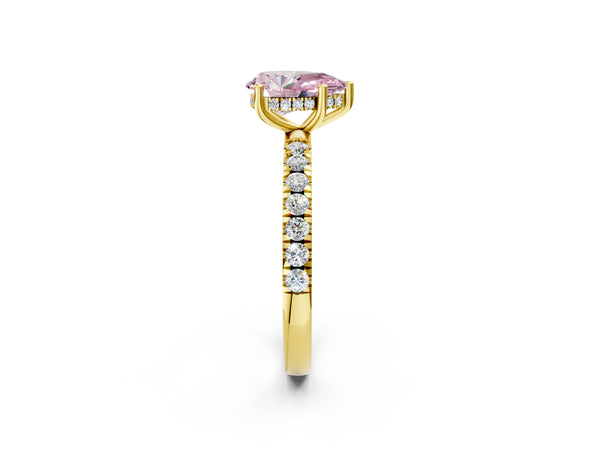Yellow gold Fancy Pink Pear Cut Diamond Pave Band Solitaire Ring with Round  and Prong Setting