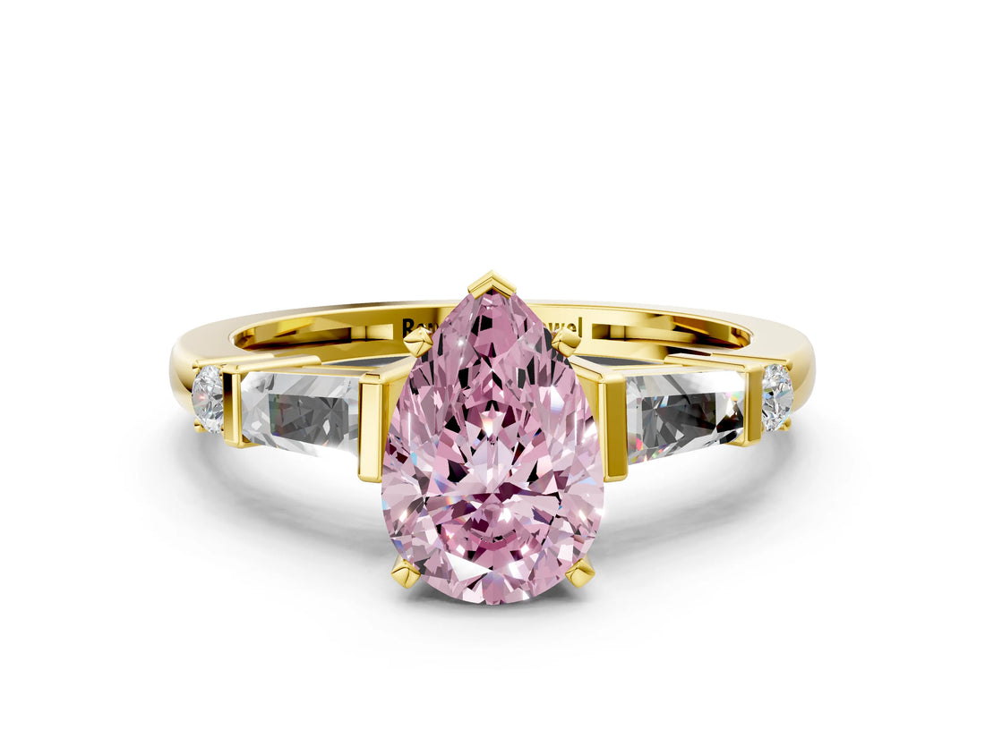 Yellow gold Fancy Pink Pear  Cut Diamond Ring with Baguette Side Stones, Channel Set Band, and Four-Prong Setting_24