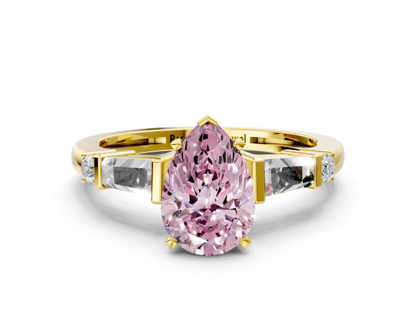 Yellow gold Fancy Pink Pear  Cut Diamond Ring with Baguette Side Stones, Channel Set Band, and Four-Prong Setting