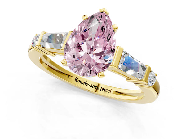 Yellow gold Fancy Pink Pear  Cut Diamond Ring with Baguette Side Stones, Channel Set Band, and Four-Prong Setting